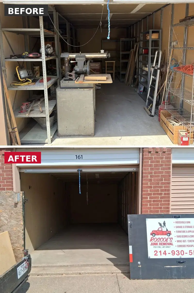 Storage unit before and after a Roscoe's Junk Removal cleanout