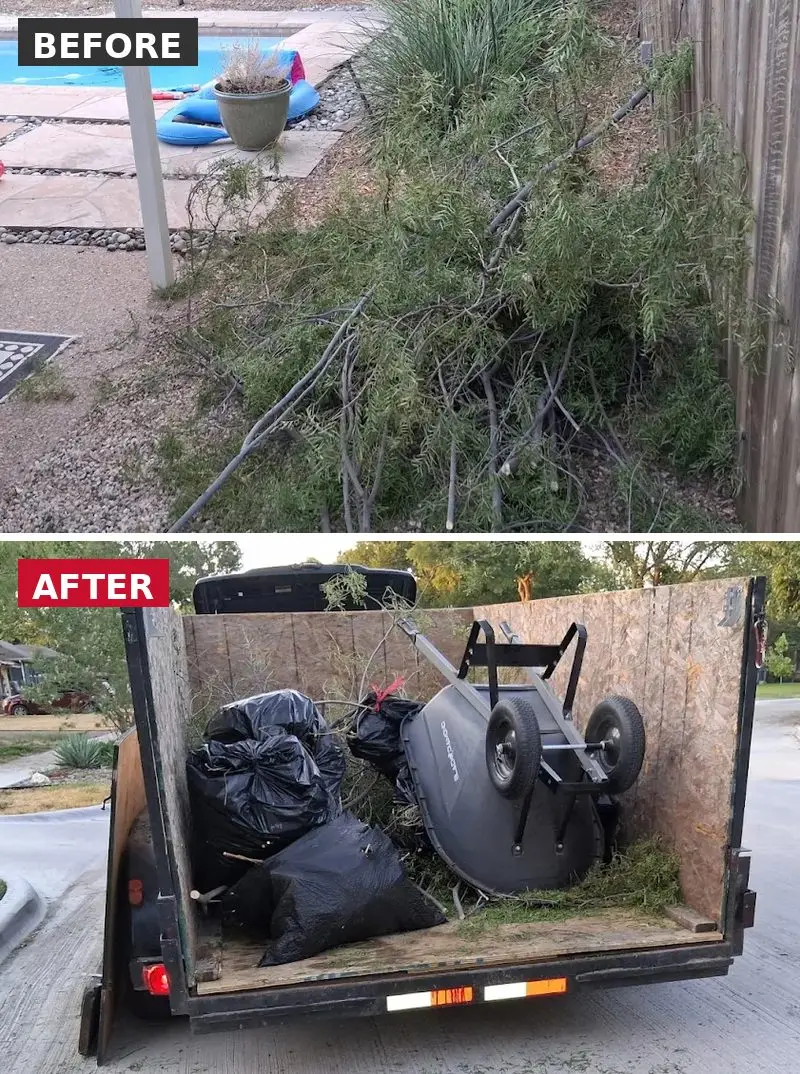 Yard branches and bags loaded into the Roscoe's Junk Removal trailer