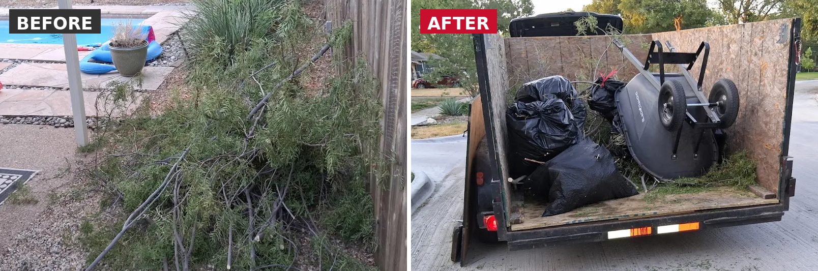Yard branches and bags loaded into the Roscoe's Junk Removal trailer